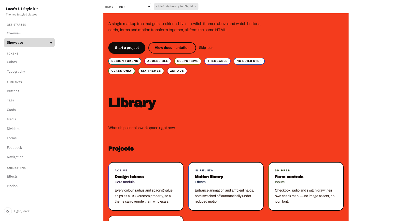 The lu-style-kit showcase page, theme picker set to Bold: one markup tree rendered in a vermilion type-specimen theme