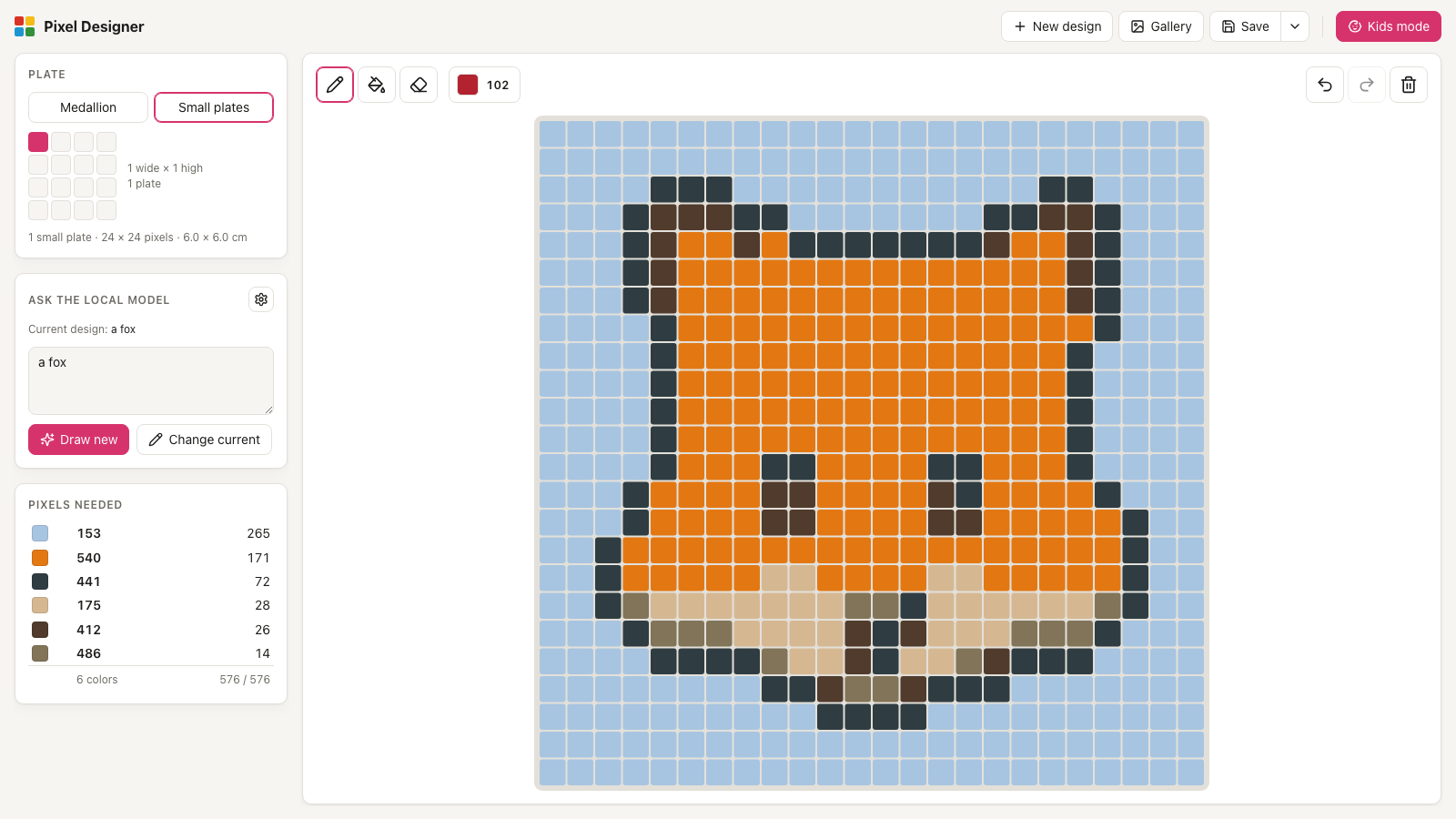 Pixel Designer: a pixel-art pattern on a Pixelhobby plate, next to the colour counts and the prompt panel