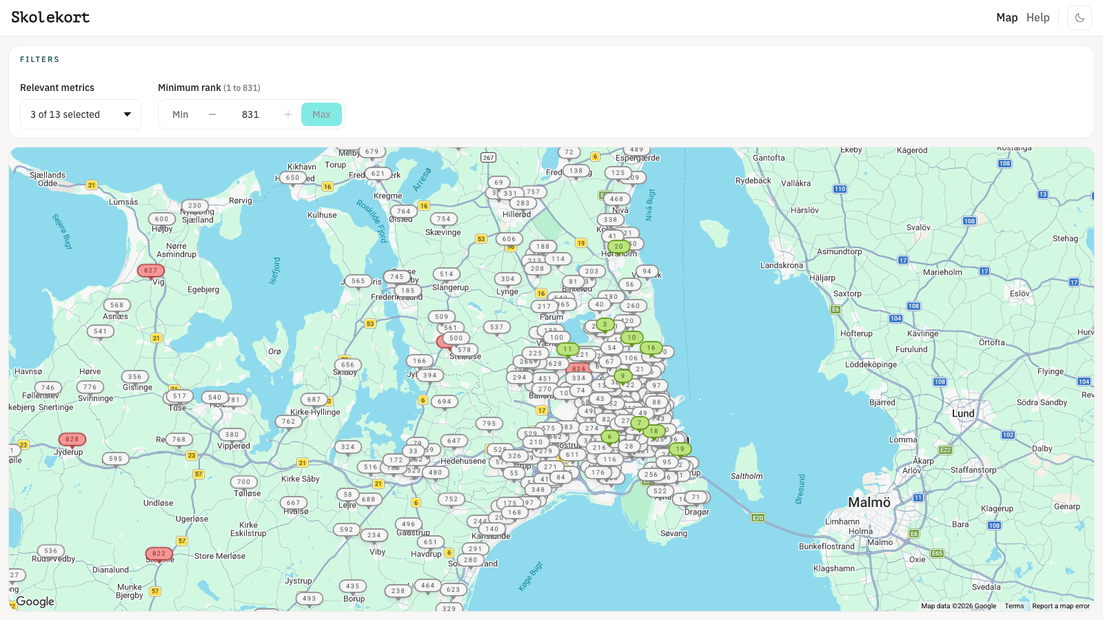 SkoleKort: a map of Denmark covered in ranked school markers